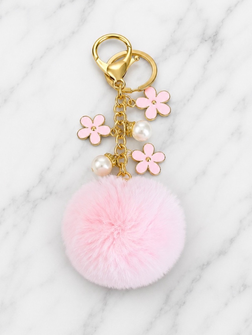 Pink Pom-Pom & Is Enamel Flower Bag Charm / Keyring-Gold Hardware